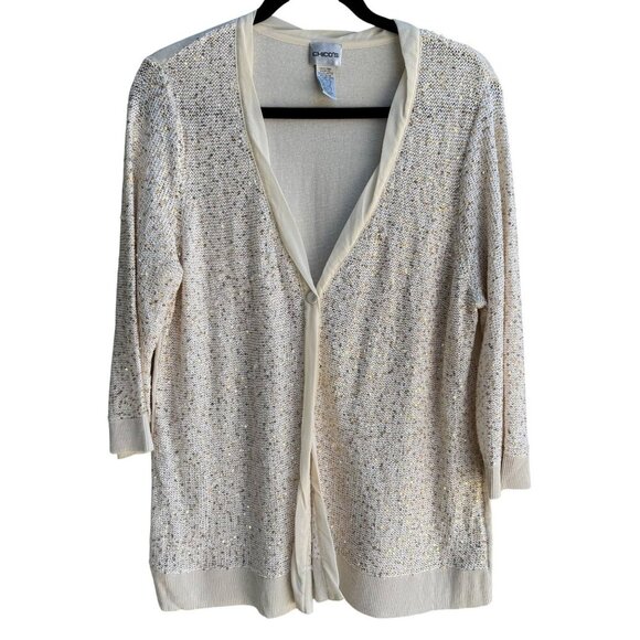 Chicos Sequin Embellished V Neck Glam Beige Gold Knit Cardigan Sweater Size 3 - Picture 1 of 9
